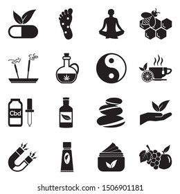 Alternative Medicine Icons. Black Flat Design. Vector Illustration.