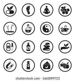 Alternative Medicine Icons. Black Flat Design In Circle. Vector Illustration.