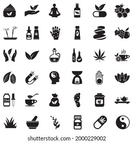 Alternative Medicine Icons. Black Flat Design. Vector Illustration.