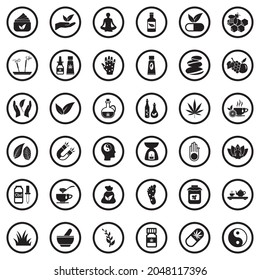 Alternative Medicine Icons. Black Flat Design In Circle. Vector Illustration.