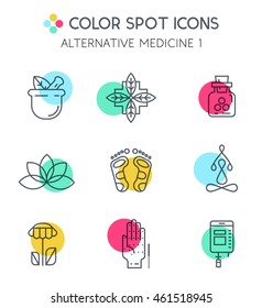 Alternative Medicine icons.
IV Vitamin Therapy, Anti-Aging, Wellness, Ayurveda, Chinese Medicine. Holistic centre.