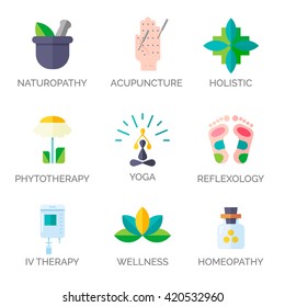 Alternative Medicine icons. 
Modern flat style. Holistic center, naturopathic medicine, homeopathy, acupuncture, ayurveda, chinese medicine, womans health. For web site, print design, business card.
