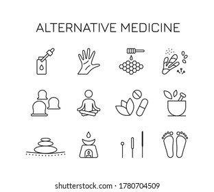 alternative medicine icons set. concept of body and soul care, reflexology, reiki methodology, osteopathy, bio tibetan beauty procedure. minimal linear design. black simple signs on white background
