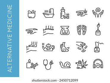 Alternative Medicine icons. Set of icons representing various practices and elements of alternative medicine. Includes Herbal Medicine, Acupuncture, Chiropractic, Yoga, Meditation. Vector illustration