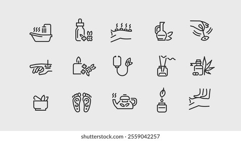 Alternative Medicine icons. Set of icons representing various practices and elements of alternative medicine. Includes Herbal Medicine, Acupuncture, Chiropractic, Yoga, Meditation. Vector illustration