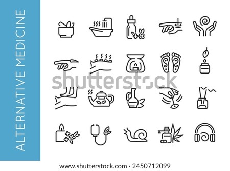 Alternative Medicine icons. Set of icons representing various practices and elements of alternative medicine. Includes Herbal Medicine, Acupuncture, Chiropractic, Yoga, Meditation. Vector illustration
