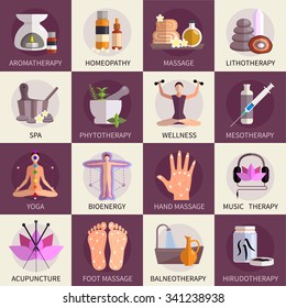 Alternative medicine icons set of yoga acupuncture wellness homeopathy  symbols   flat isolated vector illustration