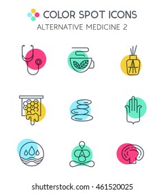Alternative Medicine icons. Stone therapy. Anti-Aging, Wellness, Ayurveda, Chinese Medicine. Holistic centre, Lingzhi Mushroom.