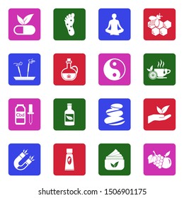 Alternative Medicine Icons. White Flat Design In Square. Vector Illustration.