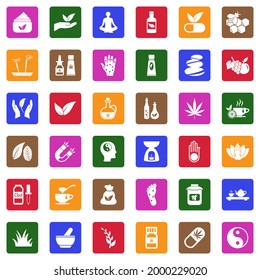 Alternative Medicine Icons. White Flat Collection In Square. Vector Illustration.