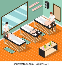 Alternative medicine isometric background  with female patients lying on couches and male massage therapists performing medical procedures vector illustration  