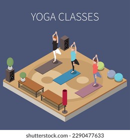 Alternative medicine isometric composition with editable text and view of three dancing girls with gym equipment vector illustration