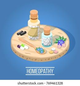 Alternative medicine isometric composition with homeopathic herbal pills bottles with capsules icons located on wooden tray vector illustration 