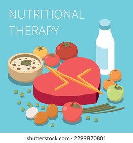 Alternative medicine isometric composition with text and images of fruits eggs tomatoes with symbol of heartbeat vector illustration