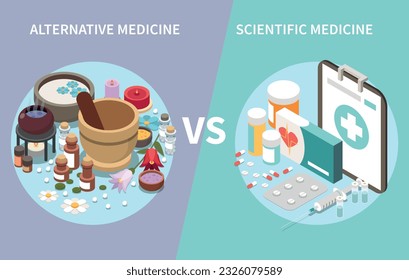 Alternative medicine isometric composition with two round compositions representing complementary versus scientific medication methods and drugs vector illustration