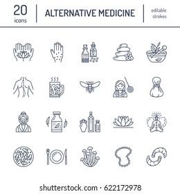 Alternative medicine line icons. Naturopathy, traditional treatment, homeopathy, osteopathy, herbal fish and leech therapy. Thin linear signs for health care center. color.