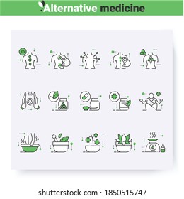 Alternative medicine line icons set. Naturopathy, chiropractic, reiki and more. Health care and wellness. Complementary and alternative medicine types. Isolated vector illustration. Editable stroke 