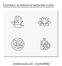  Alternative medicine line icons set. Lotos, organic drugs and green tea.Meditations and therapies for improving health. Treatment concepts. Isolated vector illustrations. Editable stroke