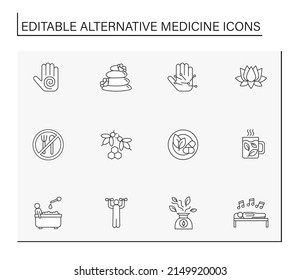  Juego de iconos de línea de medicina alternativa. Meditaciones y terapias para mejorar la salud. Conceptos de tratamiento. Ilustraciones vectoriales aisladas. Trazo editable