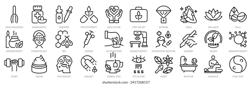 alternative medicine line web icons. Vitamin therapy, anti-aging, wellness, Ayurveda, Chinese medicine. Holistic Center. Editable stroke.