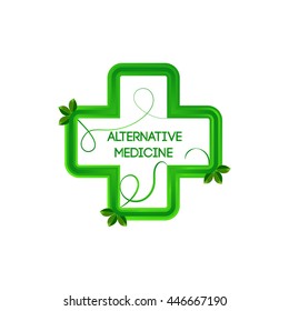Alternative medicine logo. Green leaves. Green cross.