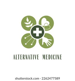 Logo de medicina alternativa, signo, icono. Medicina china. wellness, yoga, concepto zen. Estilo plano. Centro holístico, naturopático, homeopatía, acupuntura, ayurveda, medicina china, salud de la mujer