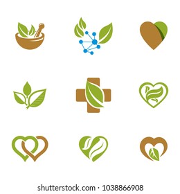 Alternative medicine metaphor, vector graphic emblems collection. Vegetarian lifestyle conceptual illustrations.