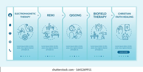 Alternative medicine onboarding vector template. Responsive mobile website with icons. Electromagnetic therapy, reiki and christian faith healing webpage walkthrough step screens. RGB color concept