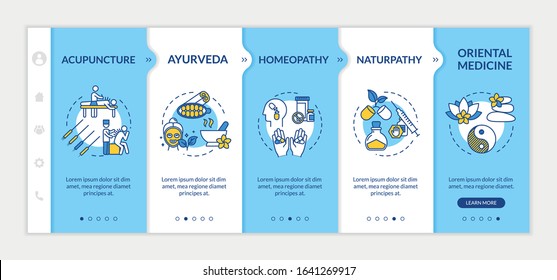 Alternative medicine onboarding vector template. Responsive mobile website with icons. Acupuncture, ayurveda, homeopathy and naturopathy webpage walkthrough step screens. RGB color concept