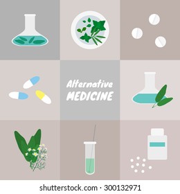 Alternative medicine. Pills, herbs, capsules, test tube, herbal potion, supplement, homeopathic medicine icons. Sage, chamomile, mint. Can be used for herbal pharmacy, homeopathy, alternative medicine