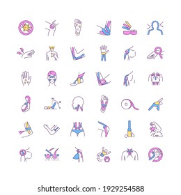 Alternative medicine RGB color icons set. Applying kinesio tape. Body manipulation. Muscle function and posture correction. Athletic training. Massage practice. Isolated vector illustrations