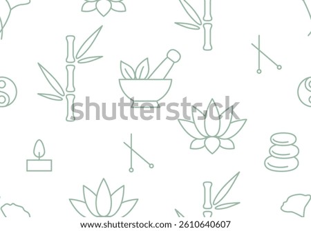 Alternative medicine seamless pattern. Chinese medicine. Wellness, yoga, zen concept. Flat style. Holistic center, naturopathic, homeopathy, acupuncture, ayurveda, chinese medicine, womans health