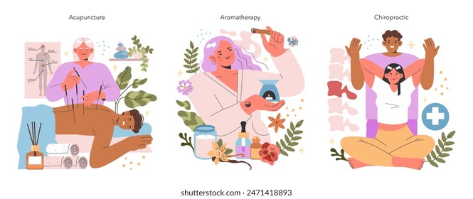 Alternative Medicine set. Illustration of acupuncture, aromatherapy, and chiropractic practices. Techniques for wellness and holistic health. Vector illustration.