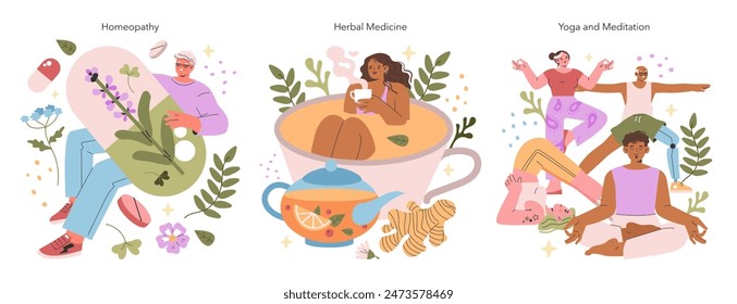 In: Alternative Medicine Set. Illustration der Homöopathie, Kräutermedizin und Yoga für Gesundheit und Wellness. Friedliche und natürliche Heilpraktiken. Vektorillustration.