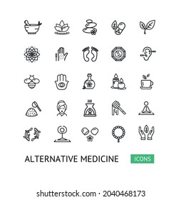 Alternative Medicine Sign Thin Line Icon Set Include of Homeopathy, Acupuncture, Aromatherapy and Yoga. Vector illustration of Icons