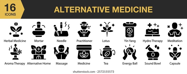 Alternative Medicine solid icon set. Includes health, medicine, alternative, treatment, therapy, and More. Solid icons vector collection.