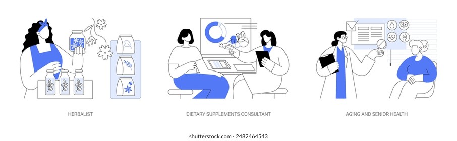 Alternative medicine specialists isolated cartoon vector illustrations set. Herbalist in her own shop, homeopathy consultant, dietary supplements advice, aging and senior health vector cartoon.