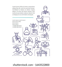 Alternative medicine technique concept icon with text. Quackery. Mind-body balance. Traditional treatment. PPT page vector template. Brochure, magazine, booklet design element with linear illustration