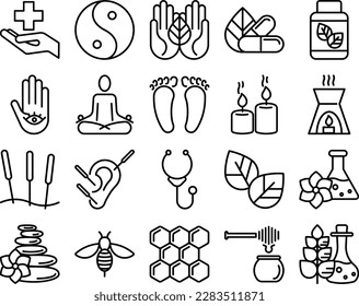 Alternative medicine thin line icon set. Yoga, acupuncture, homeopathy, aromatherapy, wellness, ayurveda, chinese medicine, holistic center. Vector illustration.