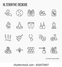 Alternative medicine thin line icon set. Elements of app or web site for yoga, acupuncture, wellness, ayurveda, chinese medicine, holistic centre. Vector illustration.