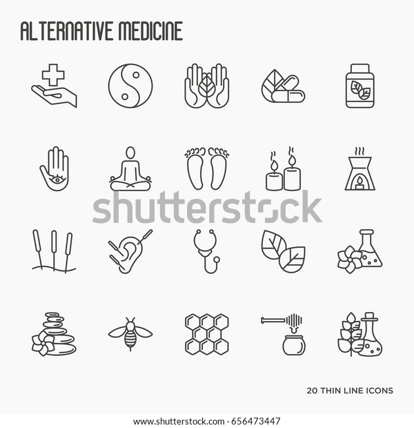Alternative medicine thin line icon\
set. Elements of app or web site for yoga, acupuncture, wellness,\
ayurveda, chinese medicine, holistic centre. Vector\
illustration.