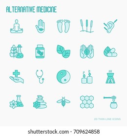 Alternative medicine thin line icons set. Vector illustration for yoga, acupuncture, wellness, ayurveda, chinese medicine, holistic center. 