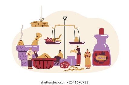 Alternative medicine tools. Vector illustration of spices, ginger, cloves, cinnamon and elixirs. Doctors prepare herbal elixirs in a mortar on a white background.