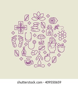 Alternative Medicine vector concept.
Modern linear style. Holistic center, naturopathic medicine, homeopathy, acupuncture. For web site, print design, business card. 