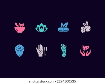 Conjunto de iconos vectoriales de medicina alternativa. Naturopatía, yoga e íconos del spa. Cosméticos vegetales orgánicos.
