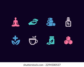 Alternative medicine vector icon set. Naturopathy, yoga and spa icons. Organic vegan cosmetics.