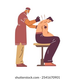 Alternative medicine. Vector illustration on a white background with a Chinese doctor who conducts an acupuncture session for a young guy. Ideal for medical design.