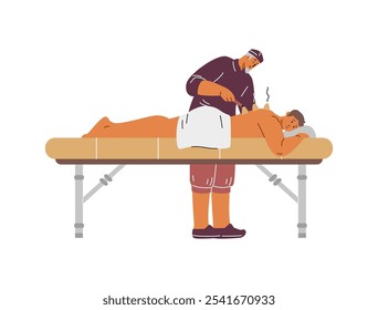 Alternative medicine. Vector illustration of a young man on a couch at a moxotherapy appointment with an elderly Chinese medicine doctor on a white background