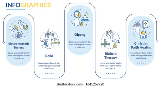 Alternative medicine vector infographic template. Reiki and biofield therapy presentation design elements. Data visualization with five steps. Process timeline chart. Workflow layout with linear icons