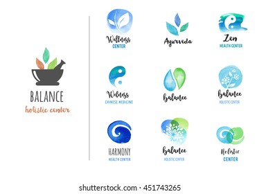 Alternative medicine and wellness, yoga concept - vector watercolor icons
